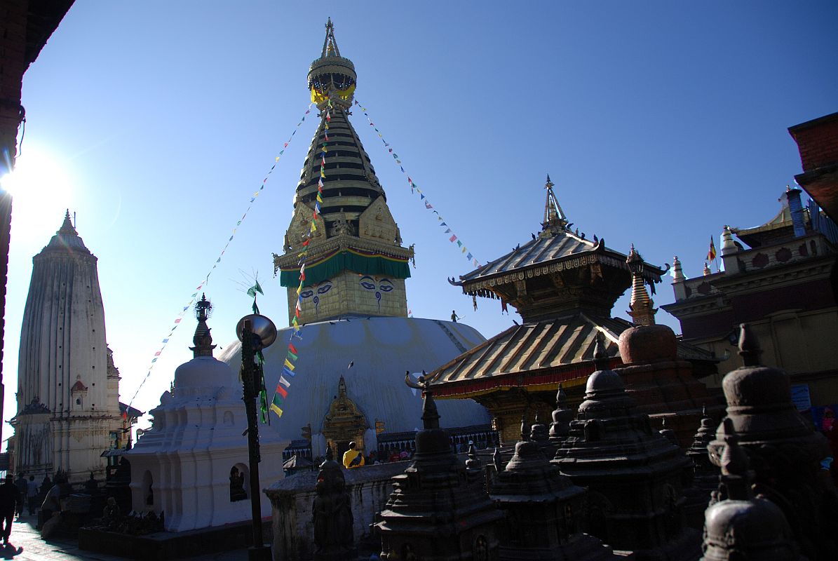 Kathmandu Swayambhunath 43 Pratapura Shikhara, Swayambhunath Stupa and Hariti Temple From Garden Of Chaityas In Northwest Corner 